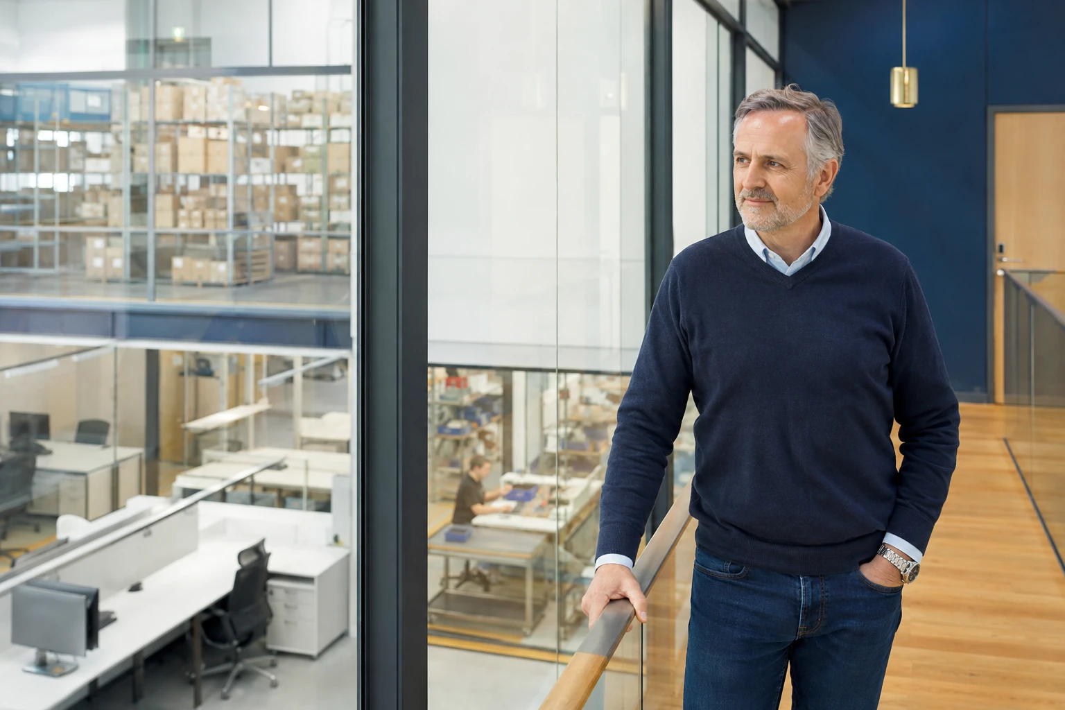 Ein Mann auf einer Galerie mit Blick in eine Produktions- und Lagerhalle